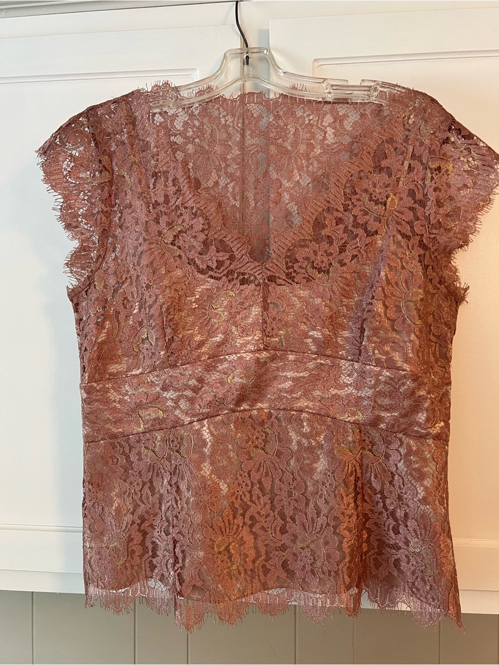Ann Taylor Dusty Rose Lace V-Neck Cap Sleeve Top